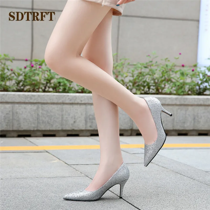 

SDTRFT Shallow mouth Sequins women shoes Gold Sliver Pointed Toe Pumps 8cm Thin high heel Stiletto Eur:35-44 45 46 Zapatos Mujer