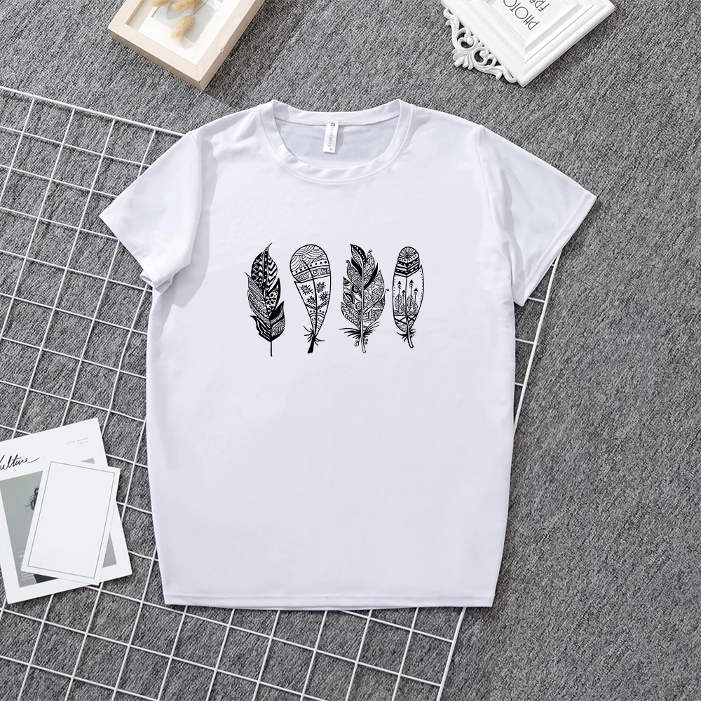 

Heflashor 2019 new summer simple cartoon T-shirt cartoon leaf feather print T-shirt round neck solid color couple T-shirt