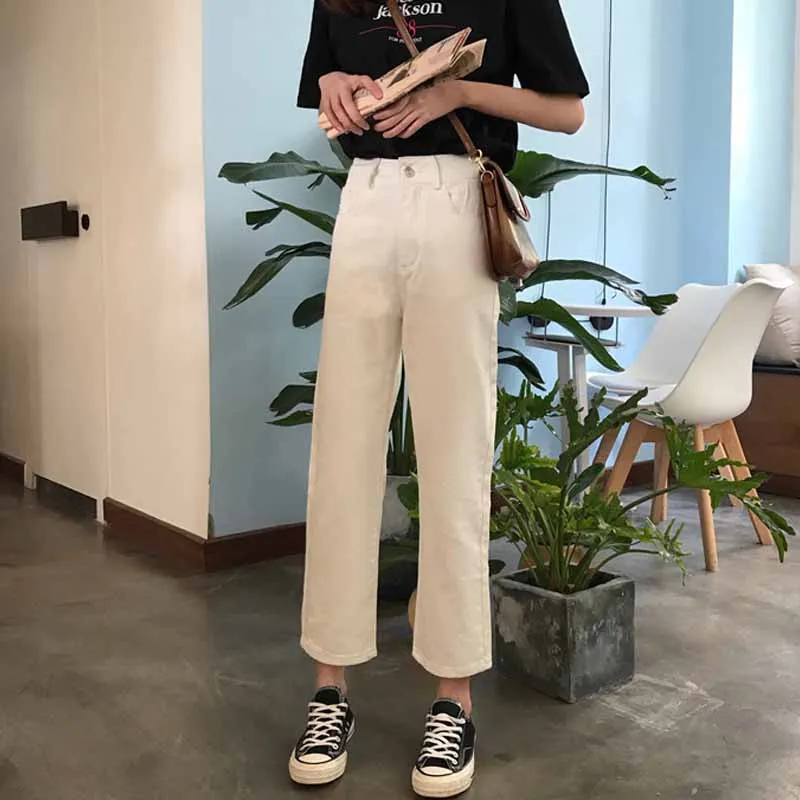 Black High Waist Jeans Women Ankle-length Solid Simple All Match Harajuku Vintage Womens Trousers Korean Fashion Females Pockets