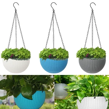 

1PC Imitation Rattan Flower Pot Basket with Stainless Steel Chain Hanging Basket for Plant Terrace Garden Balcony Decoration