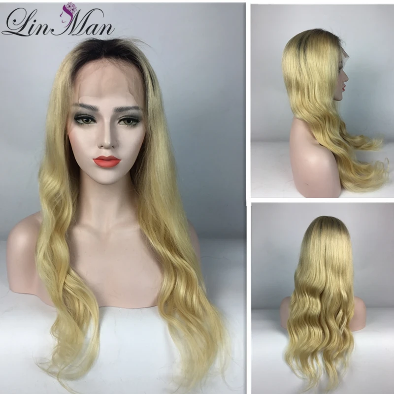 

LIN MAN Loose Wave Glueless Platinum Blonde Ombre Human Hair Lace Wig 8 - 24 inch European Russian Ombre Wigs for Women