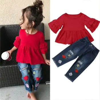 

PUDCOCO Kids Baby Girls Summer T-Shirt Tops Dress Clothes+Embroidery Flowers Jeans Pants Outfit Set 1-6Years