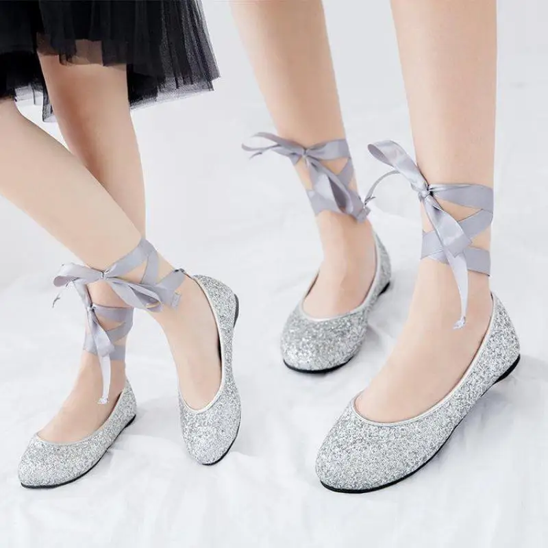 

Spring summer new ballet flats women's fashion Japanese sweet elegant bow cross strap sequins shallow mouth Ribbon single shoes