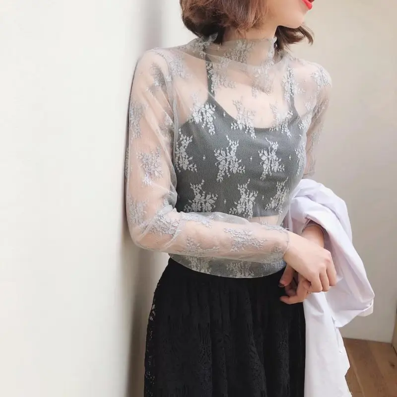 

Women See Through Transparent Lace Tops Spring Long Sleeve Turtleneck T-Shirt Clothing