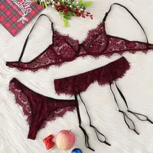 Бюстгальтер набор нижнего белья наборы 3 шт. женский сексуальный кружевной бюстгальтер с высокой талией подвязки ремни g-стринги наборы
