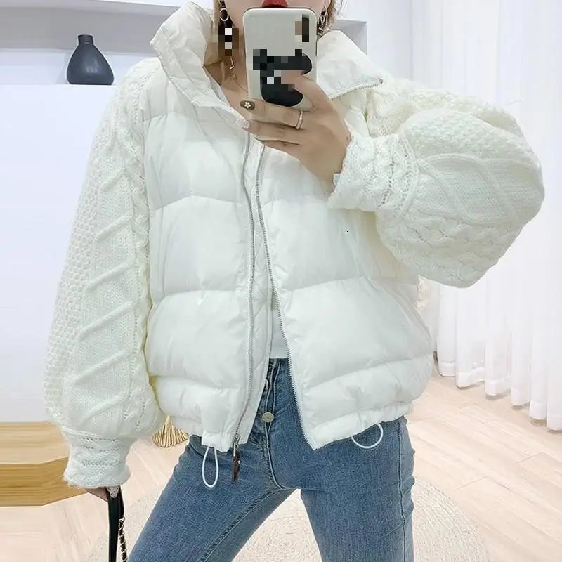 Зимняя трикотажная парка с рукавом-фонариком из кусков, женский пуховик, повседневная ветрозащитная теплая Женская свободная куртка со стоячим воротником