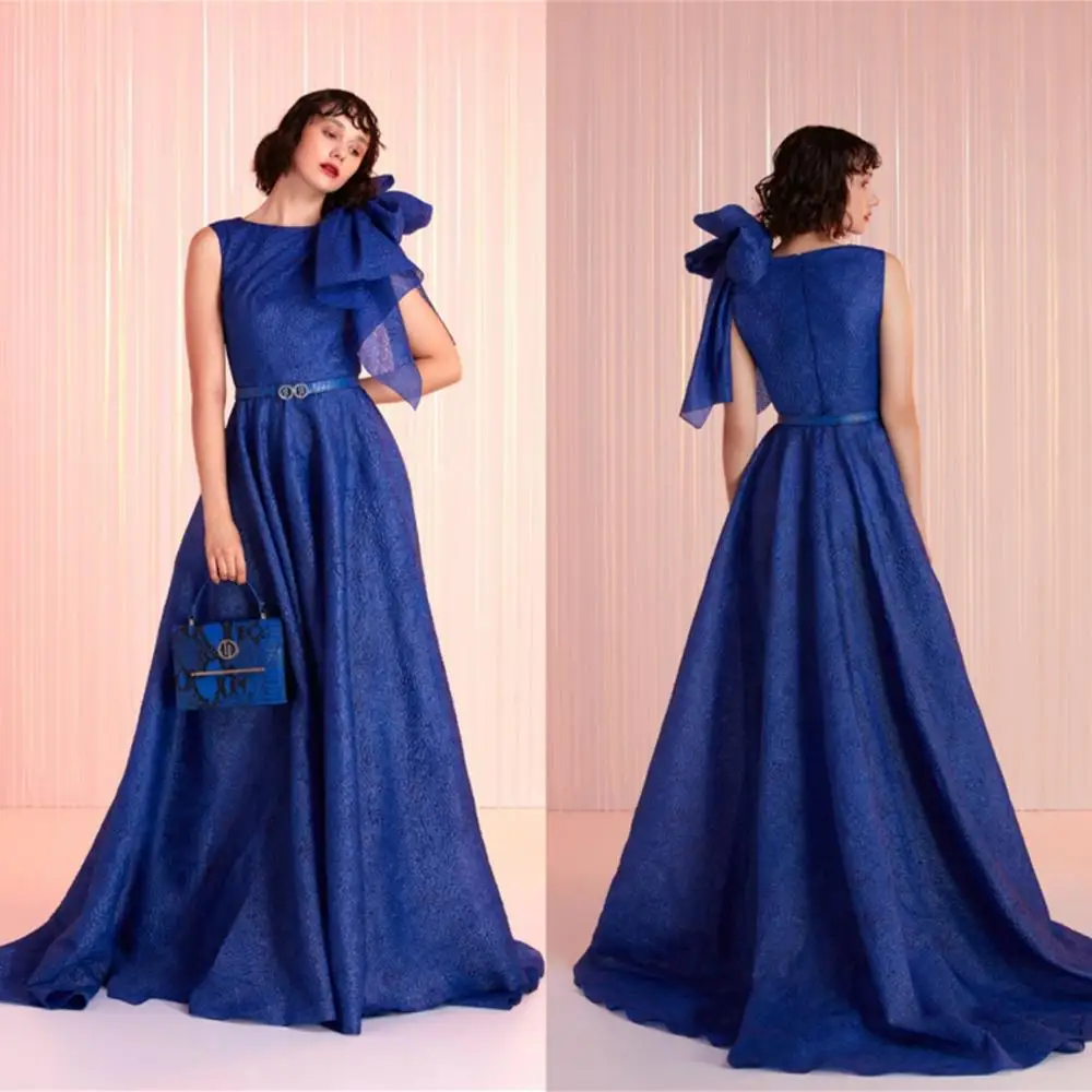 

Elegant Lace Evening Dresses Jewel Sleeveless Appliques Prom Gowns 2020 Custom Made Big Bow Sweep Train Special Occasion Dress