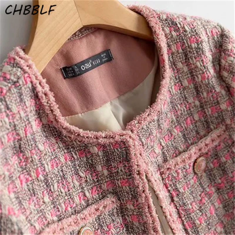CHBBLF женские элегантные стильные розовые куртки круглый воротник короткий рукав карманы дизайн твид женские свободные пиджаки Топы NJN1938