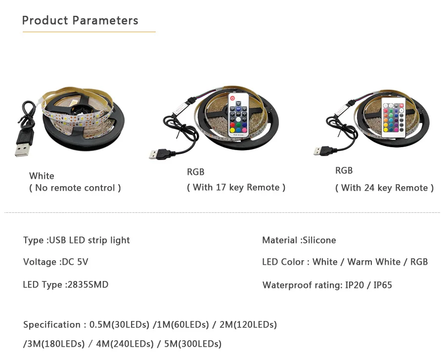 USB LED Strip Light RGB 2835 DC 5V Powered Backlight Flexible Ribbon 50CM 1M 2M 3M 4M 5M Decor Screen TV Background Lighting