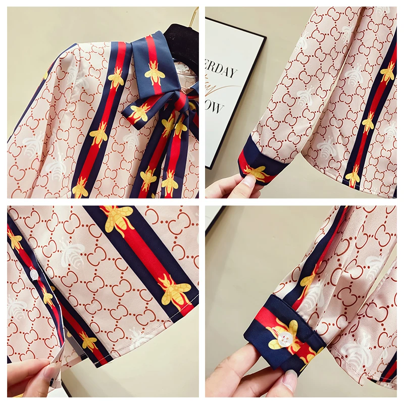 Vintage Female Bow Blouses for Women New Autumn Turn Down Collar Long Sleeve Chiffon Shirts All-match Women Tops
