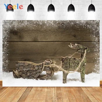 

Yeele Merry Christmas Dark Brown Wooden Wall Deer And Sled Snowflake Background Photophone Photography for Decor Customized Size