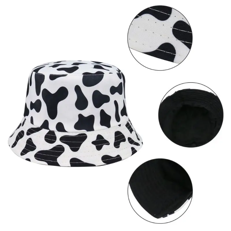 Japanese Unisex Summer Bucket Hat Black White Dairy Cow Print Personality Outdoor Sunscreen Reversible Fisherman Cap