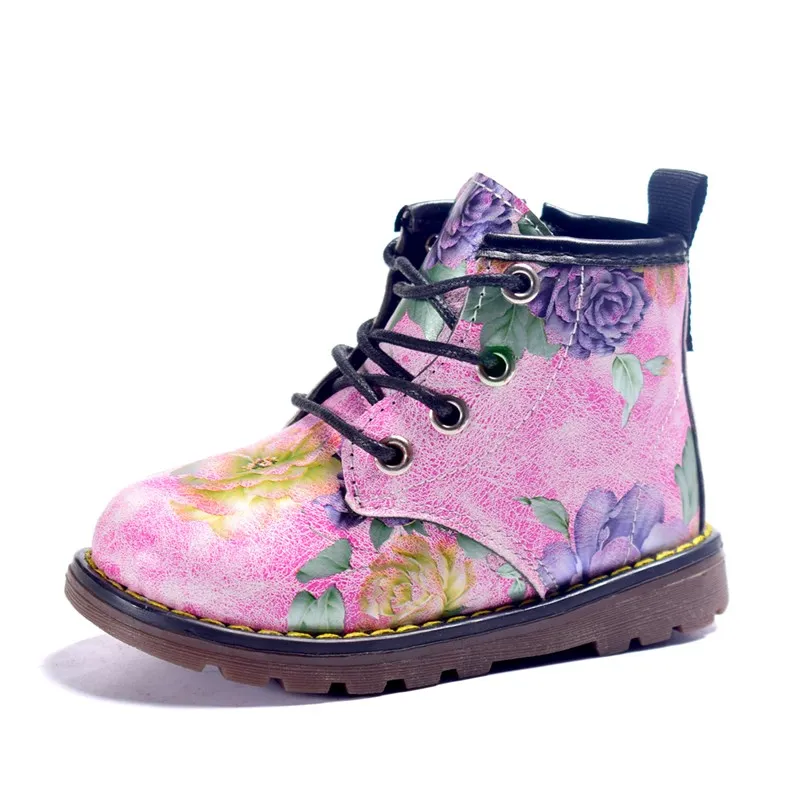 DIMI/ г.; осенние модные ботинки martin из искусственной кожи с цветочным узором для девочек; Необычные повседневные Нескользящие ботинки для маленьких девочек - Цвет: 003 pink