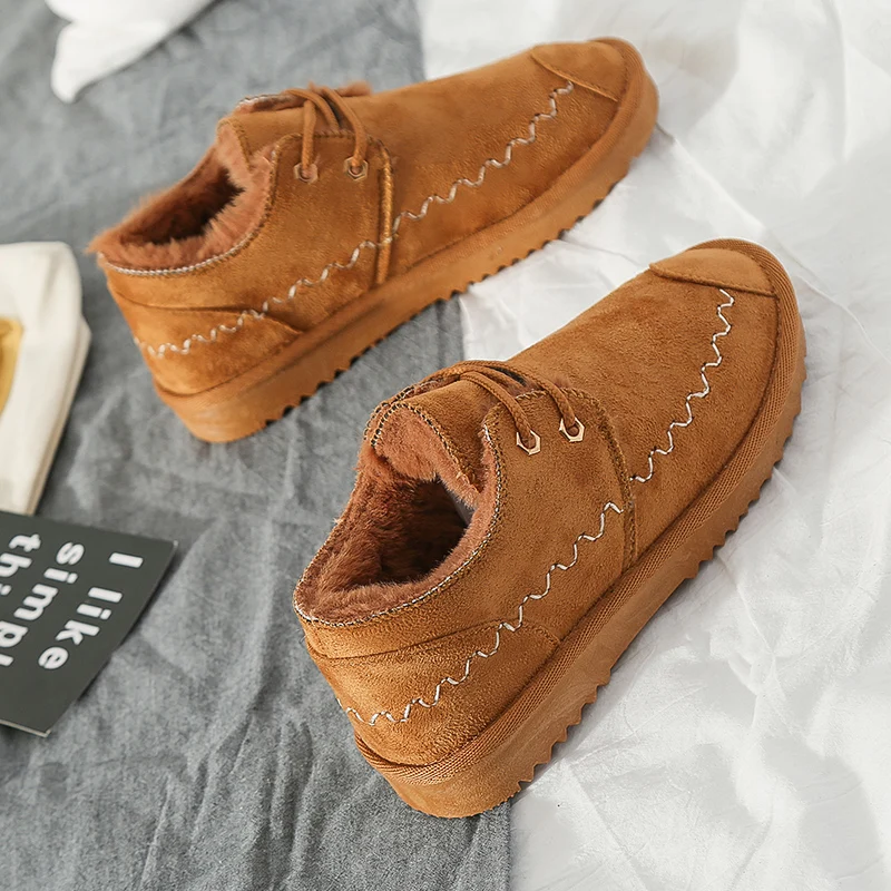 Women Winter Flat Warm Ankle Boots Women's Suede Sewing Snow Boots Ladies Platform Short Furry Plush Female Mother Shoes