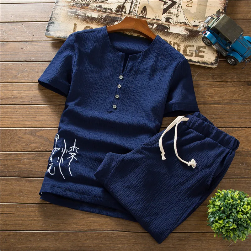 

Chinese-style Summer Cotton Linen Set Men Flax Short Sleeve T-shirt Large Size Shorts Two-Piece Set Men'S Wear