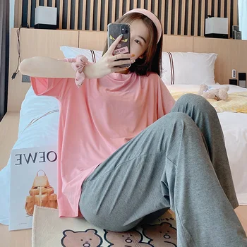 

Modal Pajamas Set for Women Summer Short-sleeved Long Pants Casual Simple and Comfortable Solid Color Cute Sweet Home Sleepwear
