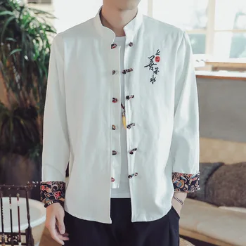 

2020 Men Spring New Style Stand Collar Flax Long-sleeved Shirt Embroidered Frog Retro Color Matching Casual Shirt