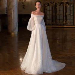 Eightree Sexy Wedding Dresses Off Shoulder Princess Bride Dress 2022 Glitter A-Line Puff Sleeve Wedding Evening Gowns Plus Size