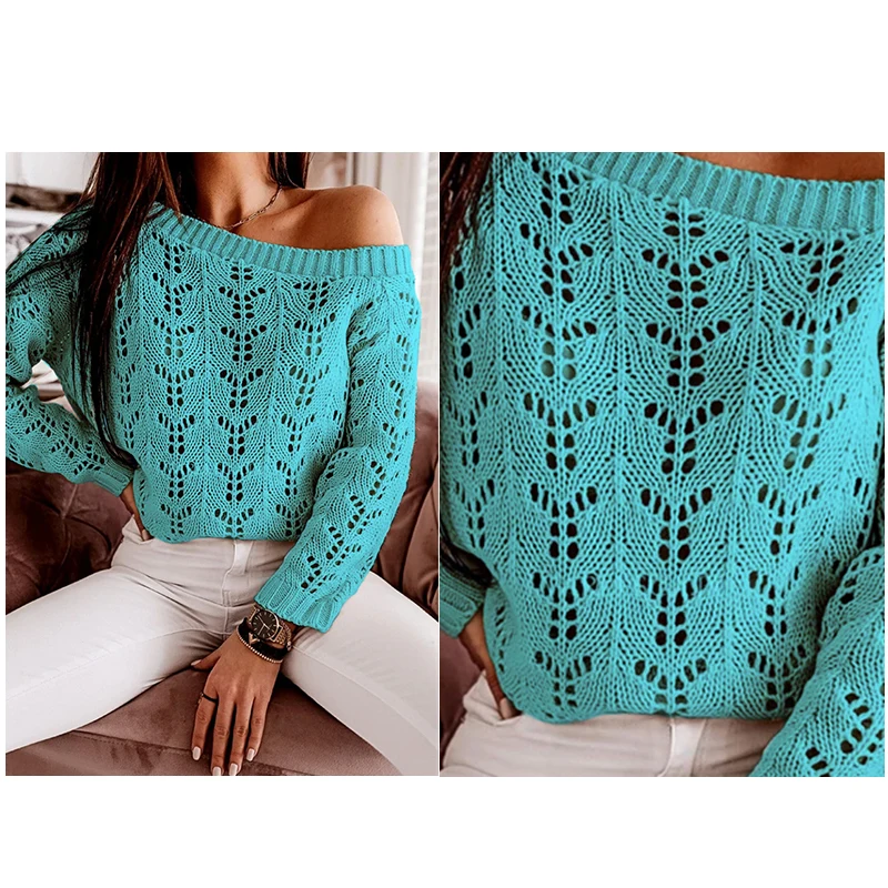 2020 Autumn One Shoulder Laser cut-out Elegant Sweater Women Long Sleeve Knitted Sweaters Plus Size 2XL Elegant Pullover