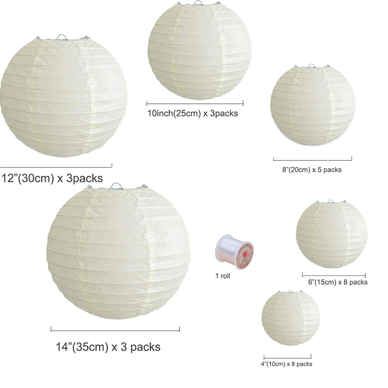 patios Diamètre: 10cm, 15cm, 20cm, 25cm Lanternes en Papier Blanc Lanterne ronde en papier blanc avec nervures métalliques, pièces 5 + 4 + 3 + 2 LdawyDE lanternes en Papier pour mariages fêtes