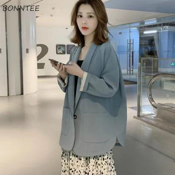 

Blazers Women Spring Korean Style Black Blue Chic Loose Soft Elegant Minimalist All-match Notched Trendy Button Fashion Tops New