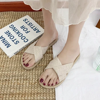 

Shoes Women Woman's Slippers Lady Low Luxury Slides Soft 2020 Flat Girl Designer Rome PU Cotton Fabric Basic Fashion Rubber