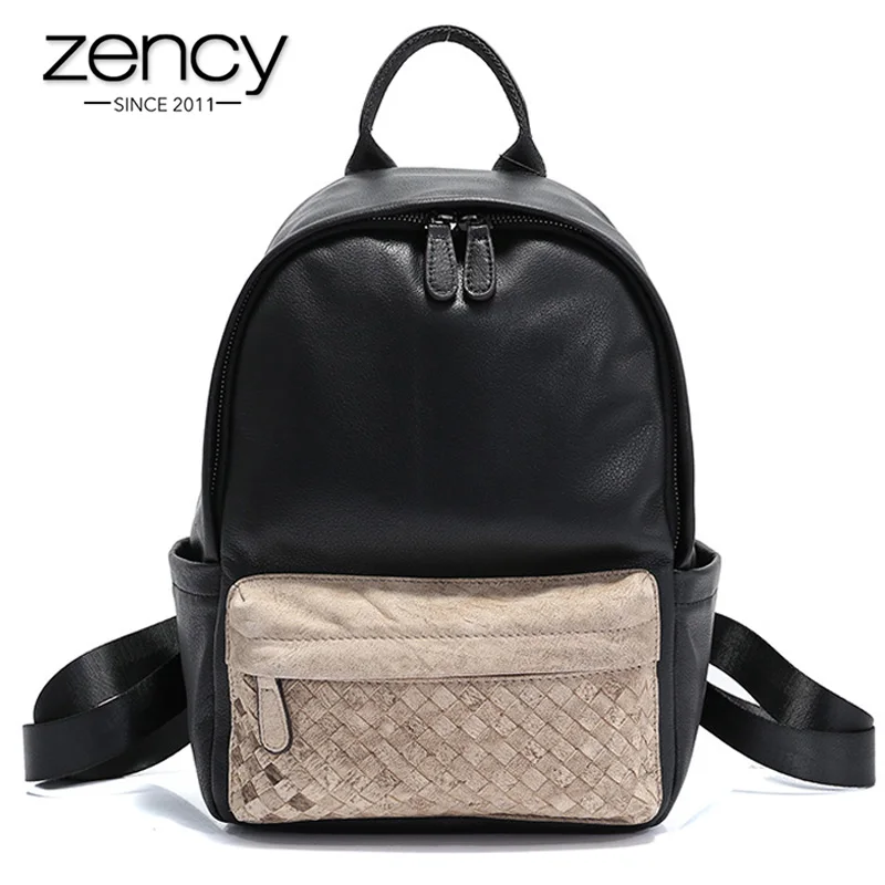 

Zency 100% Genuine Leather Panelled Women's Backpack Daily Casual Travel Bag Preppy Style Schoolbag High Quality Knapsack Beige
