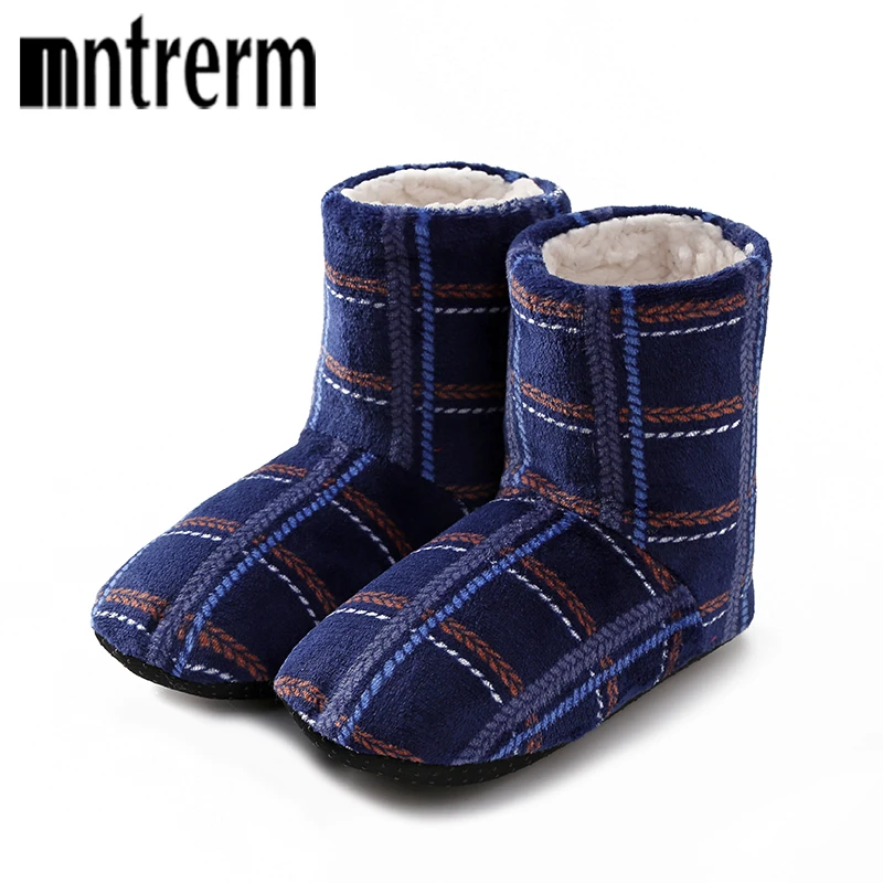 Mntrerm Autumn Winter Thick Cashmere Men Striped Plaid Slippers And Spell Color Non-slip Home Floor Socks Foot Warmer Slippers