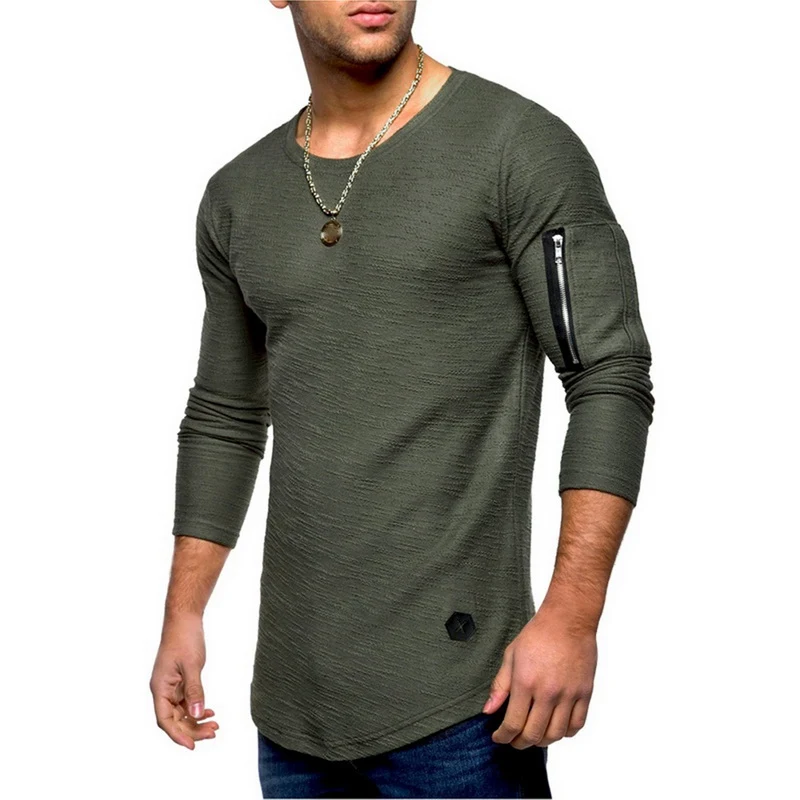 army green Эластичная Мужская футболка с О-образным вырезом и длинным рукавом, Мужская футболка, тонкая Однотонная футболка с длинным рукавом, Мужская футболка на молнии - Цвет: army green