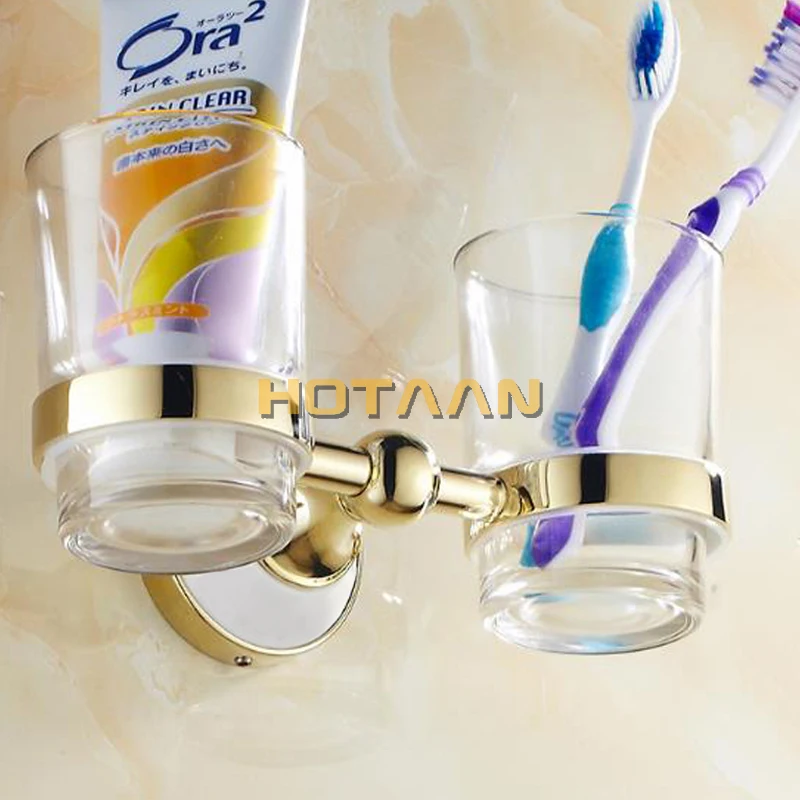 Gold Color Tumbler Holders Double Glass Cup Holders Wall-mount Toothbrush Tooth Cup Bathroom Accessories Fittings