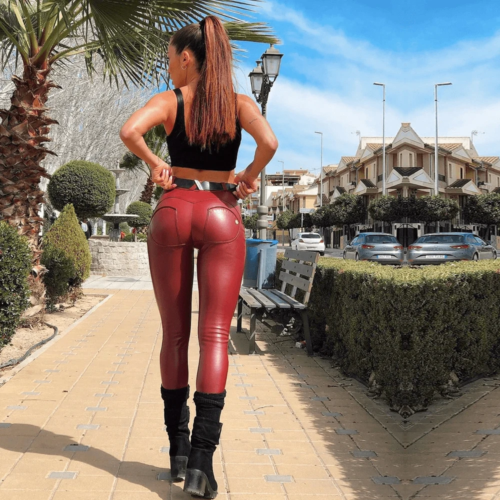 Бордовые облегающие кожаные брюки Melody wear из искусственной кожи pu женские темно