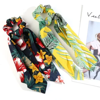 

Fashion Print Leaf Hair Scrunchies Accessoies For Women Bohemian Long Floral Scarf Elastic Ponytail Holder Girls Hair Bands 2019