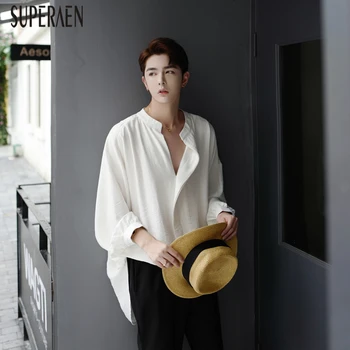

SuperAen New 2020 Spring and Autumn Shirts Women Stand Collar Ladies Blouses and Tops Solid Color Long Sleeve Women Clothing