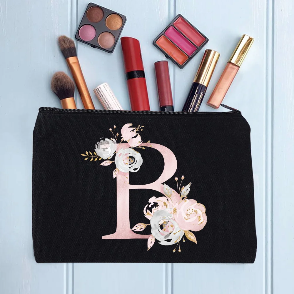 Women's Cosmetic Makeup Bags Female Organizer Pink Flower 26 Letters School Pencil Cases Carrying Bag for Coin Purse