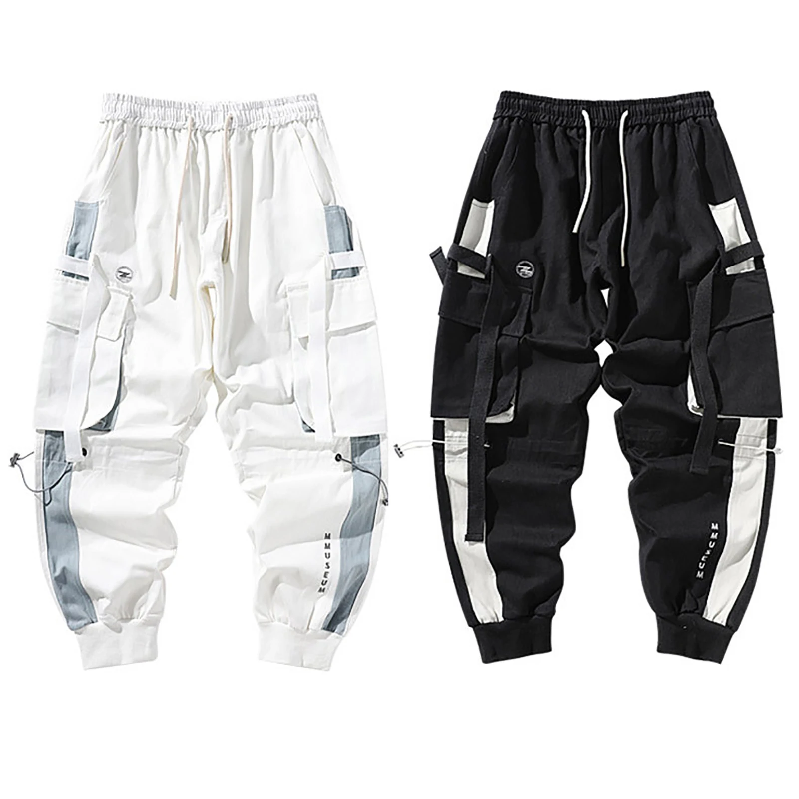 Men Hip Hop Drawstring Multi Pockets Straps Ankle Tied Long Cargo Pants Trousers