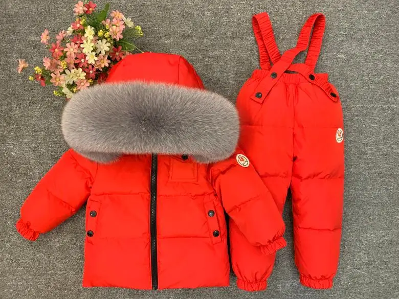 Детская куртка на утином пуху для русской зимы, комплект для мальчиков и девочек, толстая теплая детская парка блестящая куртка+ штаны, комплекты одежды зимняя одежда для малышей - Цвет: Красный