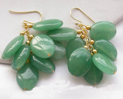 

New Fashion Luck Jewelry Excellent 16mm Green Ellipse Jade Grape S925 Sterling Silver Gold Color Dangle Earring Women Gift