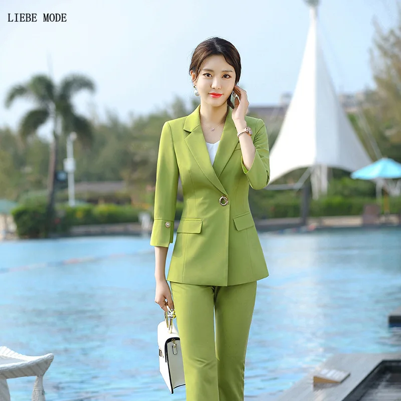 Women Business Formal Office Pants Skirts Suits Work Three Quarter Sleeve Blazer and Pant Female Green Black Trouser Skirt Suit