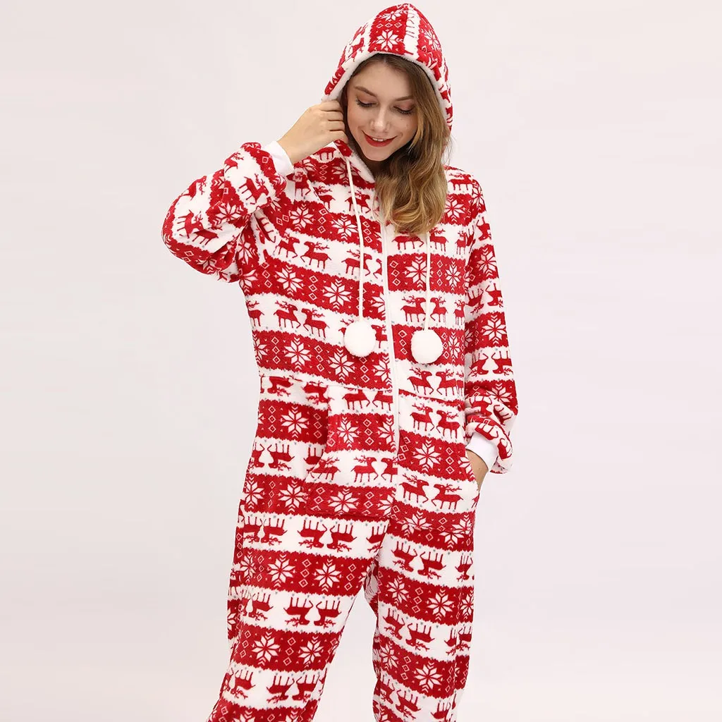 Christmas jumpsuit women Winter fashion Warm Flannel One Piece Hoodie Pajamas Printed Jumpsuit macacao feminino#guahao