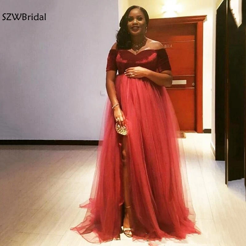 

New Arrival Long Evening Dresses Velvet Top Tull Skirt Off Shoulder Short Sleeve Plus Size Prom Dresses Party robe de soiree