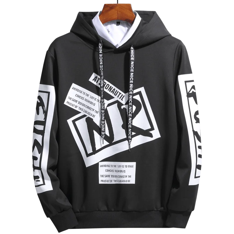 Мужская повседневная толстовка с капюшоном черно белая длинным рукавом и