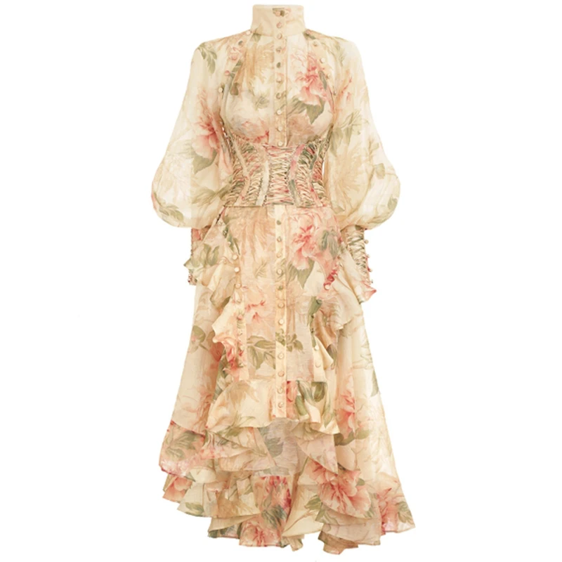 TWOTWINSTYLE Print Vintage Women's Dress Stand Collar Lantern Sleeve High Waist Belt Ruffles Irregular Midi Dresses Female 2019 (3).jpg