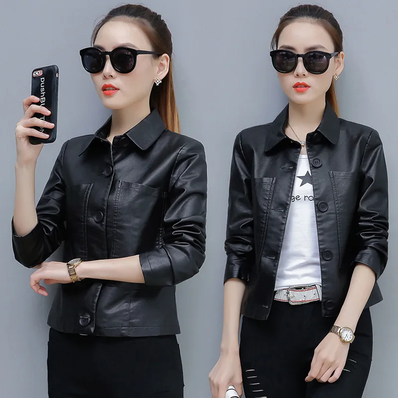 

Short PU Leather Women's Small Coat Short Ozhouzhan 2019 New Style Fashion plus Velvet Korean-style Autumn And Winter