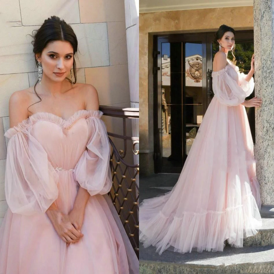 Tulle Pink Prom Dresses Princess Fluffy Off the Shoulder Lantern Sleeve Romantic Girls Robe de Gala Dress for Prom Plus Size