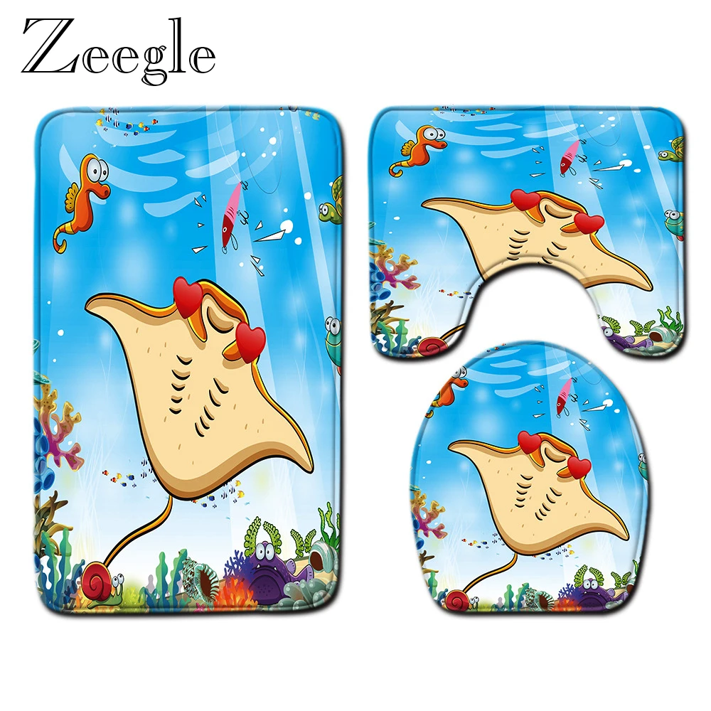 Bath Mat Bathroom Mat Set Cartoon Printed Toilet Cover Seat Mat Anti-slip Toilet Pedestal Rug Absorbent Bathroom Shower Carpet