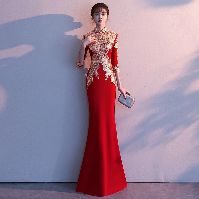 Chinoise Вышивка Русалка длинное Cheongsam красное Восточное вечернее китайское платье-Ципао современные элегантные тонкие платья китайское свадебное платье - Цвет: red long