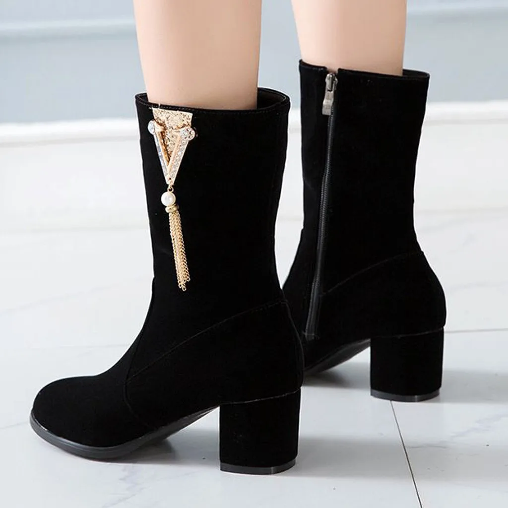 Crystal Tassel boots women Fashion Pointed Thick Heel Waterproof Platform Booties Autumn Winter Ladies Shoes bota feminina