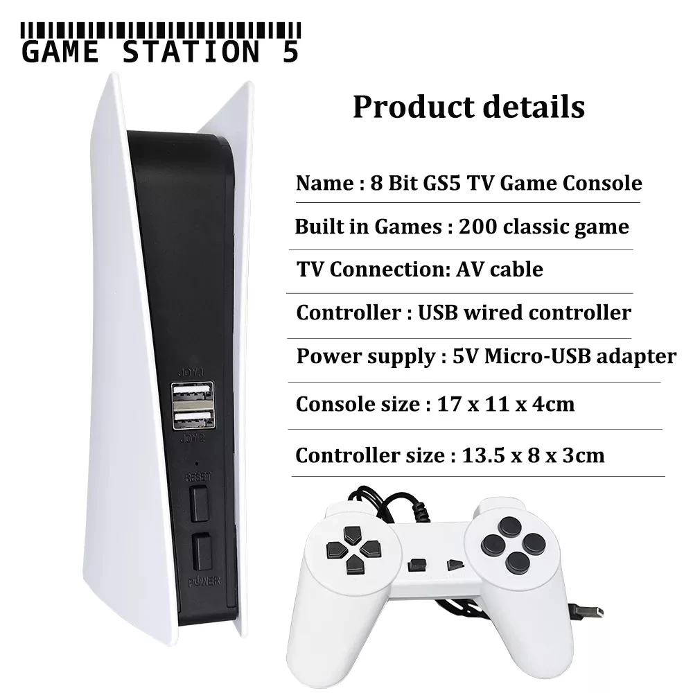 GS5 Game Console 8 Bit USB Wired Handheld Game Player 200 Classic Games Retro AV Output TV Gaming Console For Child