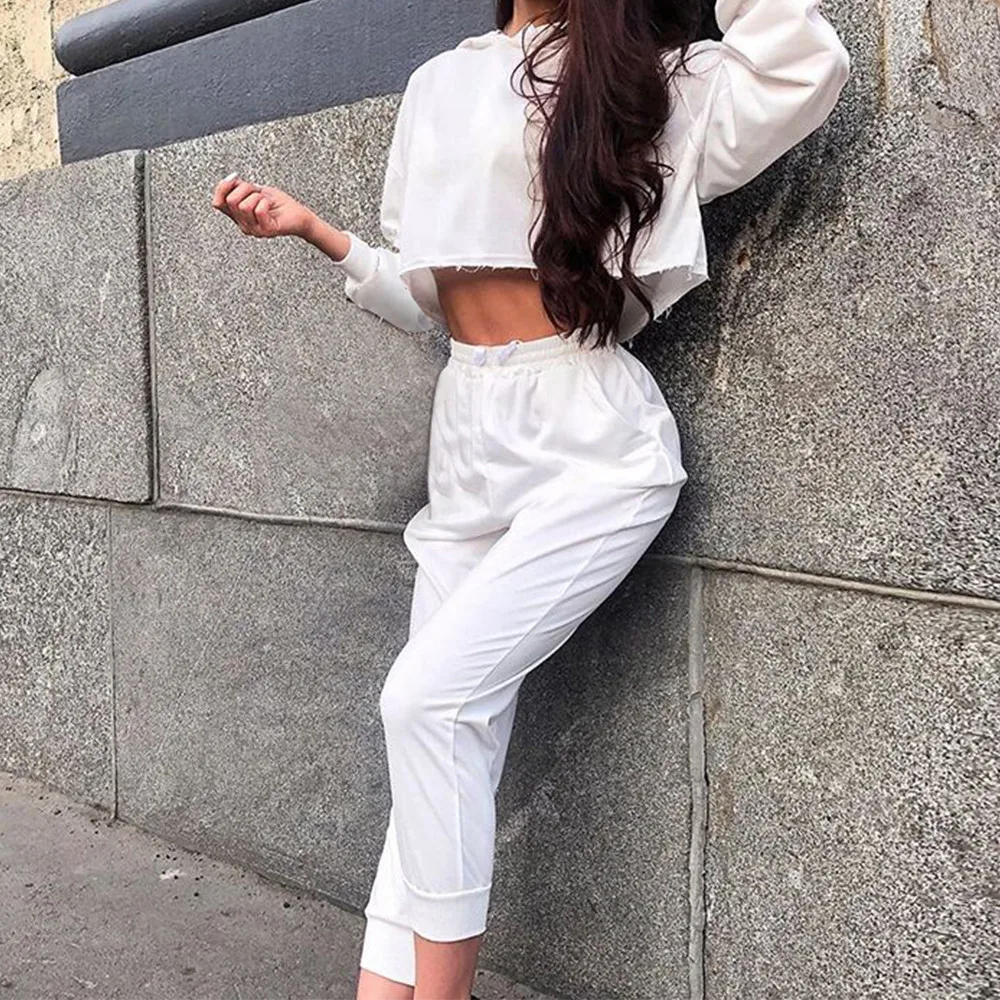 

2 pieces Sportswear suits women long sleeve hoodies sweatshirt jogger Elastic high waist trouser suit set autumn female gym sets