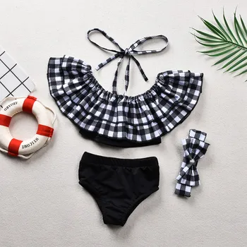 

Summer Infant Girls Plaid Print Tops With Headband Briefs Swimsuit Bikini Set